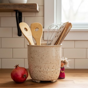 Large Creamy White Ceramic Utensil Holder: Rustic Draining Kitchen Crock