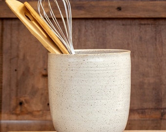 Gran porta utensilios de cerámica hecho a mano, recipiente de cerámica blanca, decoración de cocina