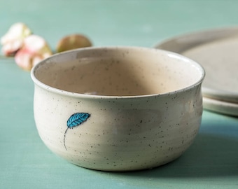 Handmade Ceramic Soup Bowl with Leaf, Pottery Serving Dish, US DDP
