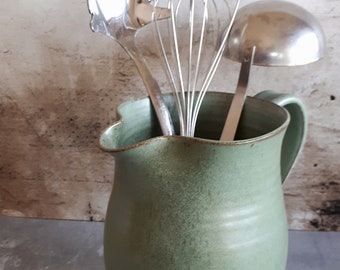 Big ceramic green pitcher, Big green pottery vase, Ceramic rustic jug, Big pottery pitcher, Big  ceramic utensils jar, Housewarming gift