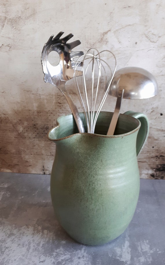 Handmade Light Green Ceramic Pitcher, Rustic Pottery Jug, Flower Vase, US DDP