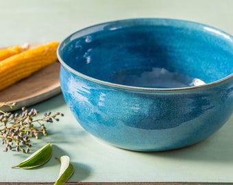 Big pottery turquoise bowl, Big ceramic turquoise bowl, Ceramic serving dish, Big ceramic fruit bowl, Large salad bowl, Holiday gift