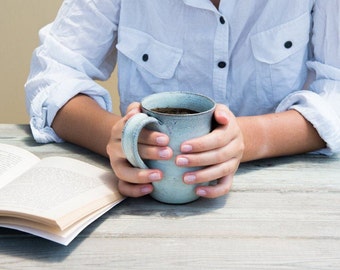 Big ceramic light blue 13 oz mug handmade, Big pottery coffee mug, Light blue tea mug, Big ceramic coffee mug, Gift for her, Gift for him