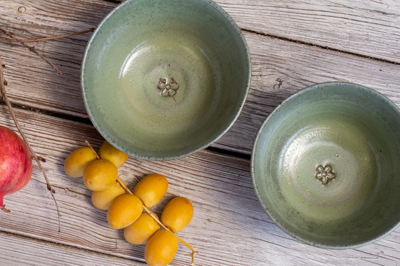 Handmade Light Green Ceramic Soup Bowl Set, Rustic Pottery Serving Bowls (Set of Two)