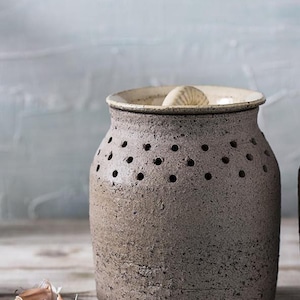 Może przedstawiać: Rustykalny, teksturowany ceramiczny pojemnik na czosnek z pokrywką, z małymi otworami wentylacyjnymi. Pojemnik ma stonowany szaro-brązowy kolor, kremowy brzeg i ząbek czosnku na wierzchu. Kilka ząbków czosnku jest widocznych na pierwszym planie.