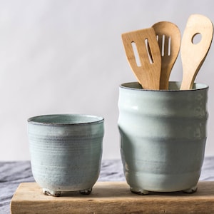 Big ceramic light blue utensil holder, Big pottery light blue utensils dish, Big ceramic container, Silverware Organizer image 2
