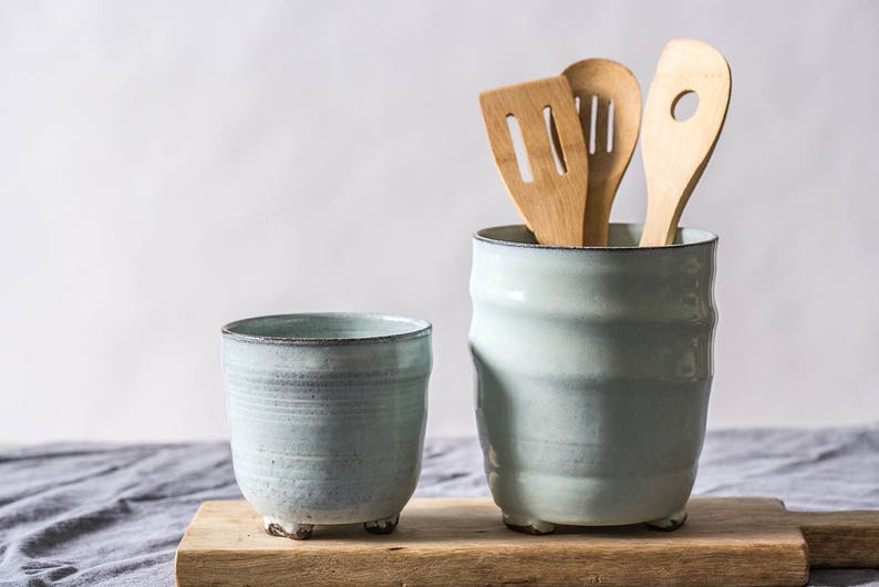 Big ceramic light blue utensil holder, Big pottery light blue utensils dish, Big ceramic container, Silverware Organizer image 2