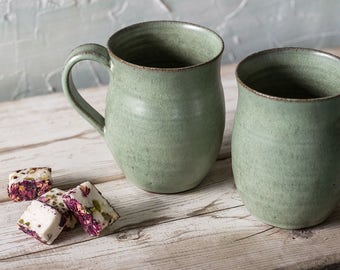 Big pottery light green mug set, Big ceramic mugs set, Big ceramic coffee mugs set, Coffee lovers gift, SET OF TWO, Gift for her