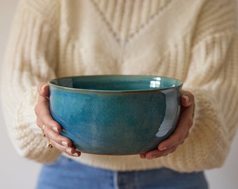 Big pottery turquoise bowl, Big ceramic turquoise bowl, Ceramic serving dish, Big ceramic fruit bowl, Large salad bowl, Holiday gift