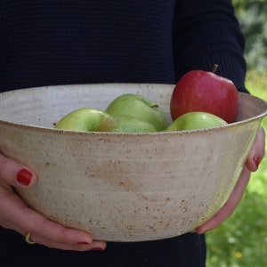 Op de afbeelding: Een witte keramische kom gevuld met groene en rode appels. De kom heeft een rustieke, handgemaakte uitstraling en wordt vastgehouden door de handen van een persoon.