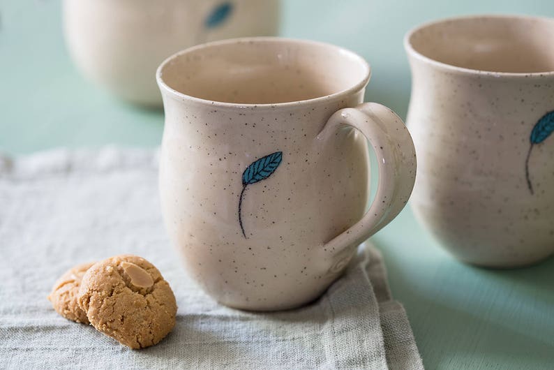 Ceramic white dotted mug set, SET OF 2, Pottery coffee mugs set, Pottery tea cups, Coffee lovers gift, gift for her image 2