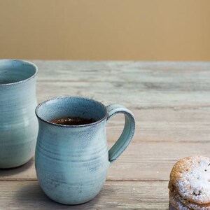 Pottery light blue mug set, SET OF 2, Pottery tea cup set, Ceramic coffee mug handmade, Coffee lovers gift, Ceramic light blue tea cup set image 3