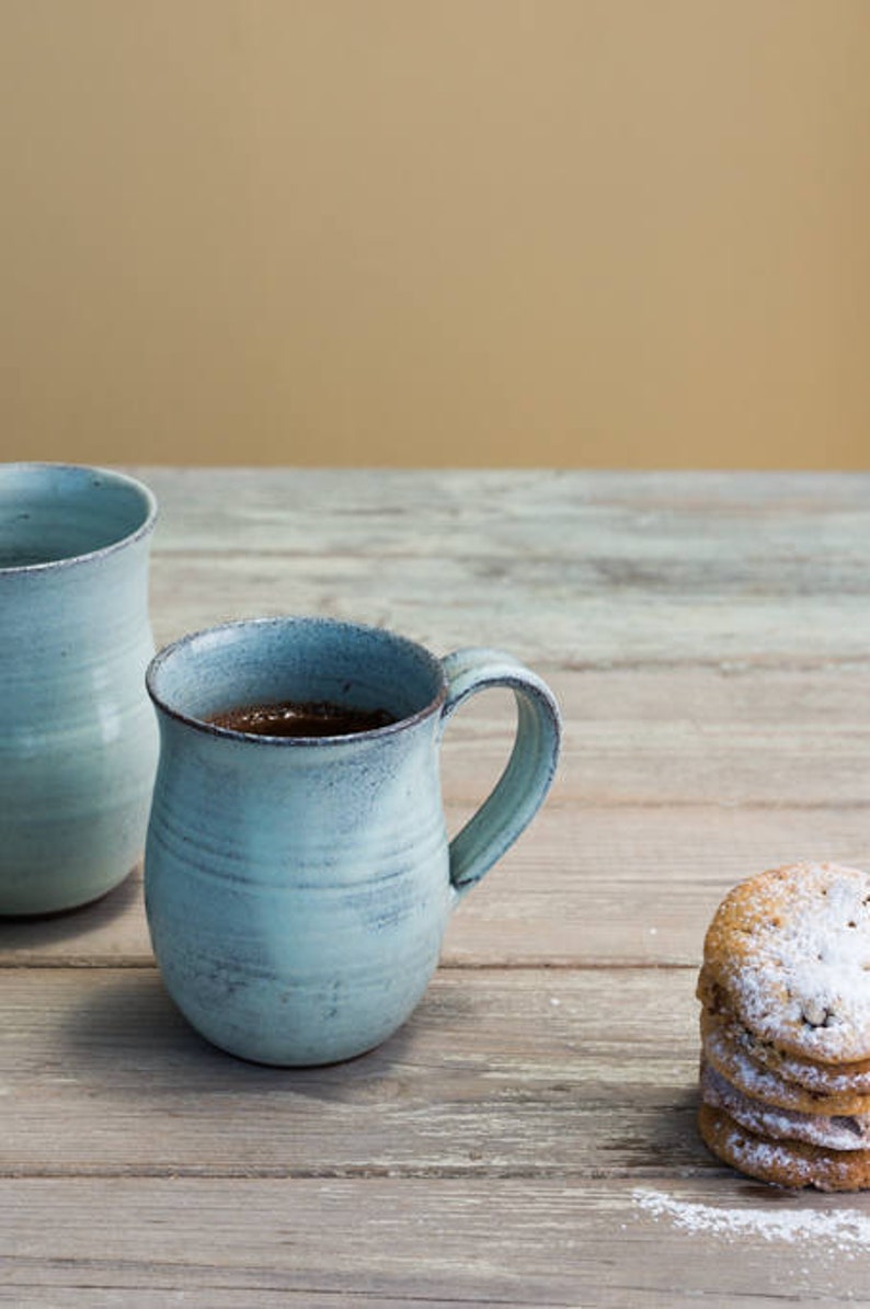 Pottery light blue mug set, SET OF 2, Pottery tea cup set, Ceramic coffee mug handmade, Coffee lovers gift, Ceramic light blue tea cup set image 3