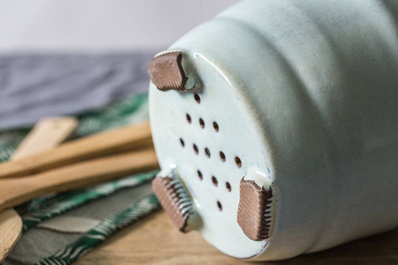 Big ceramic light blue utensil holder, Big pottery light blue utensils dish, Big ceramic container, Silverware Organizer image 6