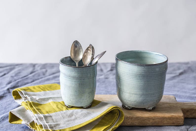 Pottery Light Blue Utensil Holder Etsy