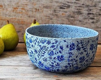 Pottery big rustic blue bowl, Ceramic blue bowl, Pottery serving dish, Pottery salad bowl, Ceramic printed bowl, Housewarming gift