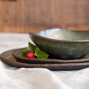 Rustic ceramic green dinnerware, Ceramic plates set, Pottery green plates set, Pottery green dinnerware set, Set of THREE, Holiday gift