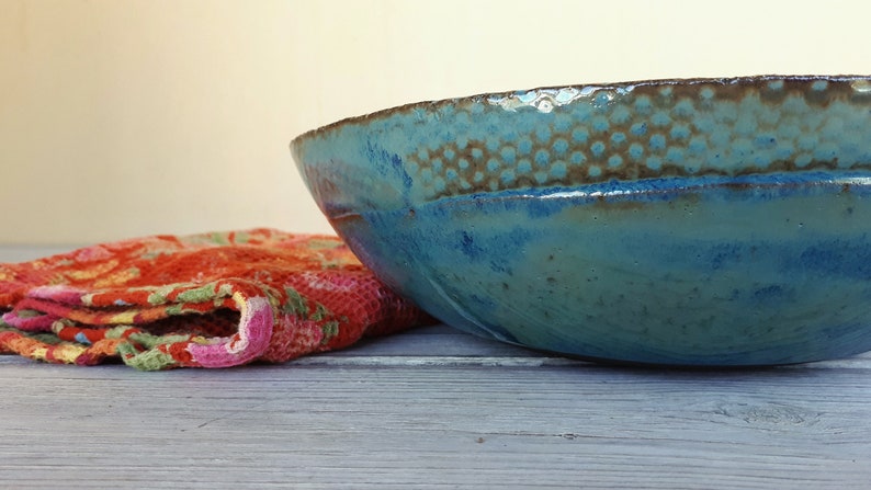 Big pottery turquoise bowl, Big ceramic salad bowl, Large ceramic serving dish, Large pottery bowl, Father's Day gift, Ceramic dinnerware image 3