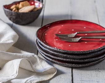 Small ceramic plates, Ceramic dessert red plates set, Pottery red dessert plates, Small unique plates, Small serving dish, SET OF 4