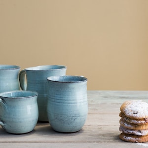 Pottery light blue mug set, SET OF 2, Pottery tea cup set, Ceramic coffee mug handmade, Coffee lovers gift, Ceramic light blue tea cup set image 4