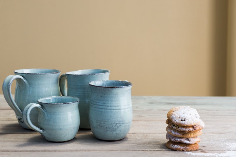 Pottery light blue mug set, SET OF 2, Pottery tea cup set, Ceramic coffee mug handmade, Coffee lovers gift, Ceramic light blue tea cup set image 4