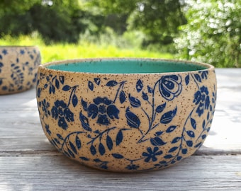 Rustic Ceramic Soup Bowl: Handmade Pottery Serving Dish with Floral Decal, US PPD