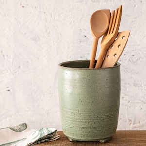Big ceramic green utensils holder, Big pottery green utensil jar, Large kitchen container, Housewarming gift