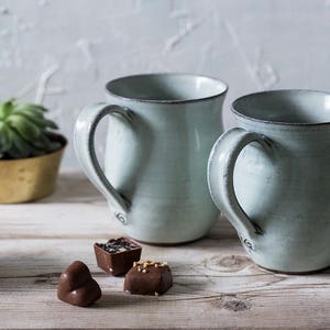 Handmade Ceramic Mug Set, Big 19" light Blue Pottery mugs, Oversized Coffee Mugs, US DDP