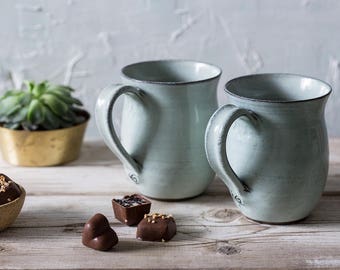 Big pottery light blue mug set, Big ceramic light blue mugs, Big ceramic mugs set, Gift for him, SET OF TWO