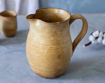 Big ceramic rustic pitcher, Big pottery jug, Big ceramic brown and yellow jug, Big ceramic vase, Hostess gift