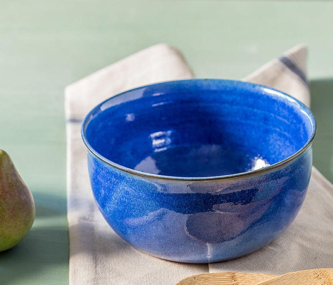 Pottery Blue Salad Bowl, Mediumsized Blue Ceramic Bowl, Ceramic Blue