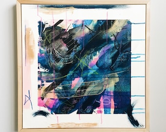 May include: Abstract painting in a wooden frame. The painting features a mix of blue, black, pink, and gold paint in a layered and textured style.