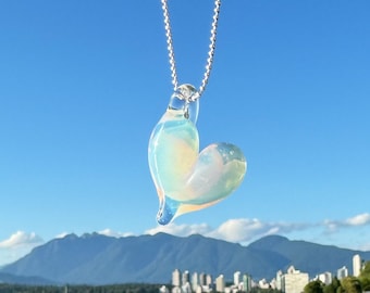 Blown Glass Heart Pendant: Iridescent Ghost Glass, Sterling Silver Necklace