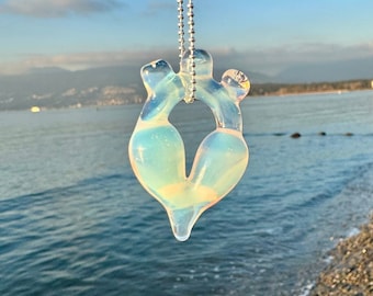 Hand-Sculpted Anatomical Glass Heart Pendant - Iridescent Ghost Moonstone