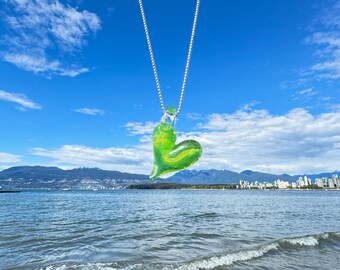 Blown Glass Heart Pendant – Slyme Green Ocean Necklace, Sterling Silver Chain