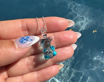 Marina Blue Gummy Bear Pendant: Hand-Sculpted Borosilicate Glass Necklace