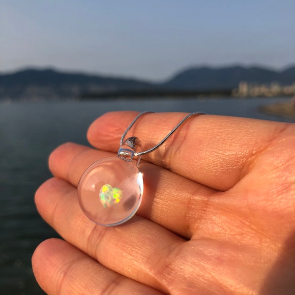 Glass heart Opal Pendant - Heart Necklace - Opal Necklace - Opal jewelry - Blown Glass Opal - Borosilicate Opal Pendant - Glass Art