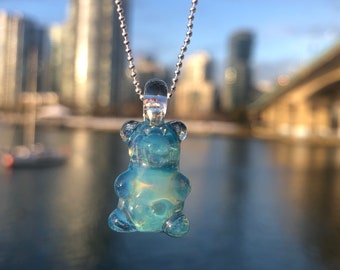 Dense Hydro Glass Gummy Bear Pendant - Borosilicate Glass Gummy Bear pendant - Gummy Bear Necklace  - Iridescent Blue Blown Glass Gummy Bear