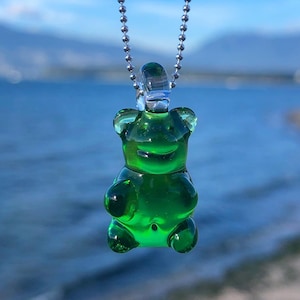 Crippy Green Gummy Bear Pendant - Borosilicate Glass Gummy Bear - Gummy Bear Necklace - Blown Glass Gummy Bear - Cute Heady Glass