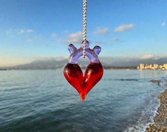 Hand-Blown Glass Anatomical Heart Pendant: Pomegranate Red & Pink Slyme