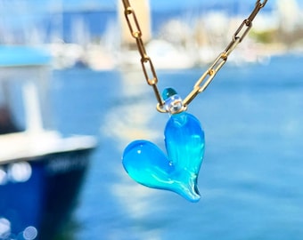 Iridescent Marina Blue Glass Heart Necklace - Sterling Silver Chain