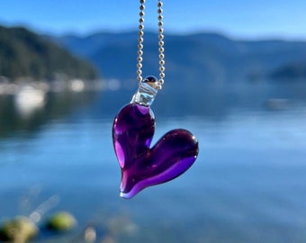 Purple Heart Pendant - Ocean Necklace - Purple Lollipop Heart Necklace - Glass Jewelry - Lamp-worked Heart - Borosilicate Heart Pendant