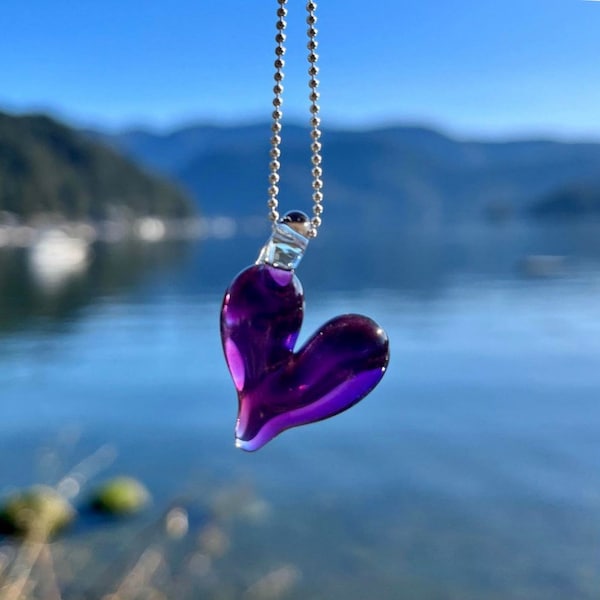 Purple Heart Pendant - Ocean Necklace - Purple Lollipop Heart Necklace - Glass Jewelry - Lamp-worked Heart - Borosilicate Heart Pendant