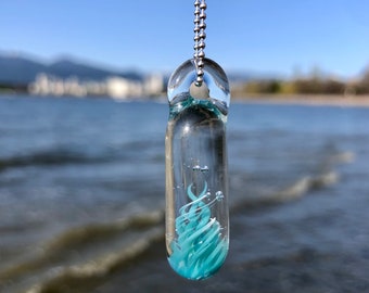 Sea inspired handmade Teal Tidal pendulum Anemone Art Glass Necklace - Ocean Necklace - Jellyfish Art Pendant