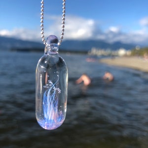 Borosilicate Glass Pendulum Necklace: Iridescent Ocean Anemone, Sterling Silver Chain