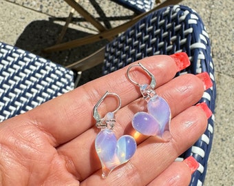 Iridescent Glass Heart Earrings: Sterling Silver Handmade Jewelry