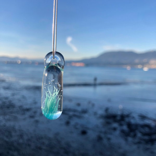 Sea inspired handmade Teal Tidal pendulum Anemone Art Glass Necklace - Ocean Necklace - Jellyfish Art Pendant