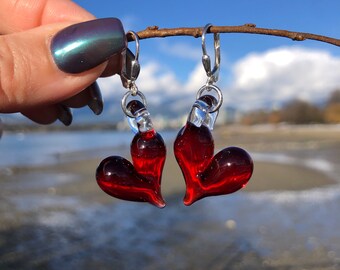 Hearts Art Glass Earrings - Glass Art - Blown Glass Earrings - Ocean glass earrings - pomegranate red heart earrings