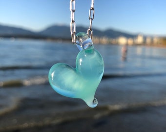 Aqua Zen Glass Heart Pendant - Ocean Sea Blue Necklace - Glass Jewelry - Blown Glass Heart - Borosilicate Heart - Heady glass pendant