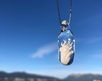 Handmade White Anemone Art Glass Necklace: Sterling Silver Ocean Pendant